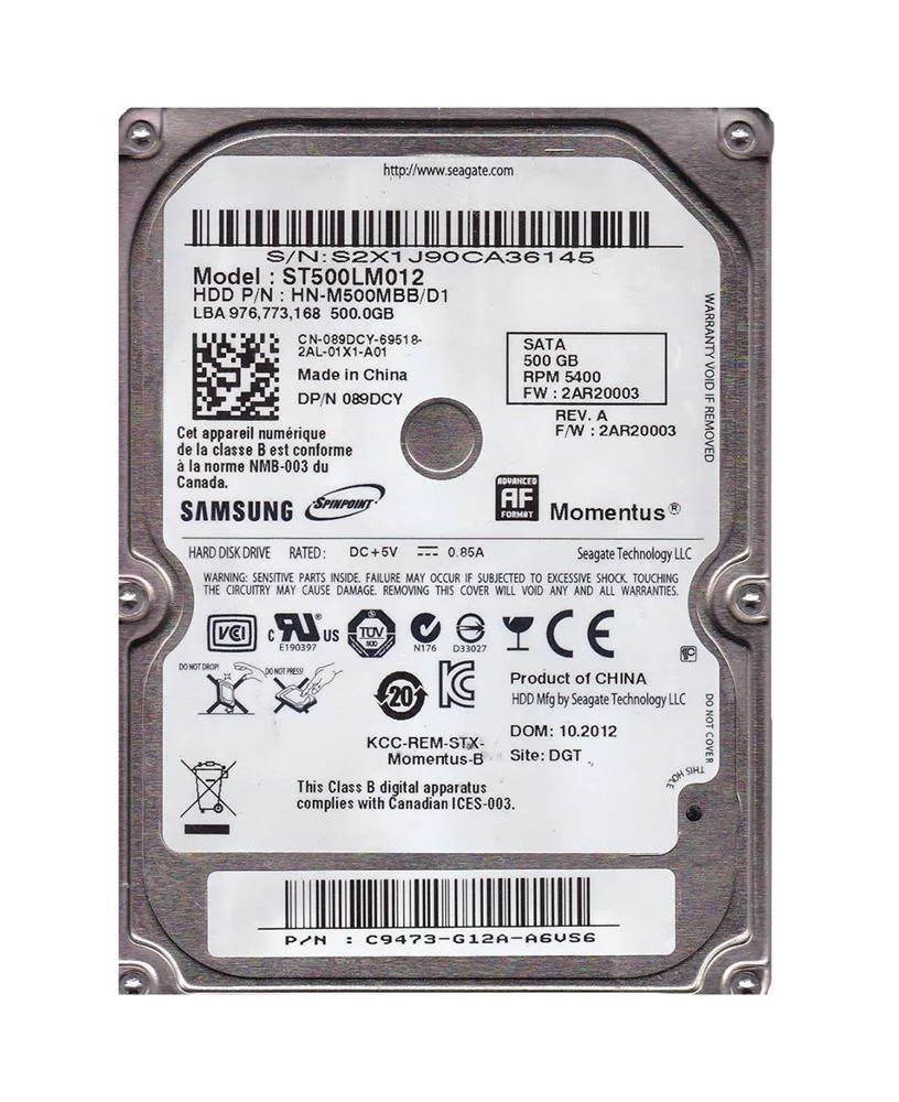 089DCY - Dell 500GB 5400RPM SATA 3Gb/s 2.5-inch Hard Drive