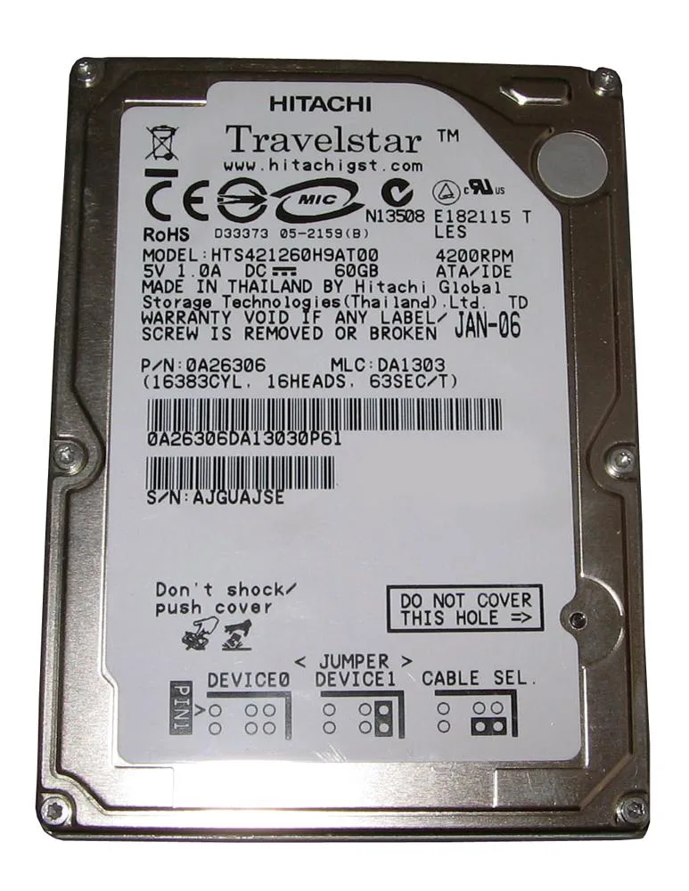 0A26306 - HGST Travelstar 4K120 HTS421260H9AT00 60GB 4200RPM IDE Ultra ATA/100 (ATA-6) 2MB Cache 2.5-inch Hard Drive