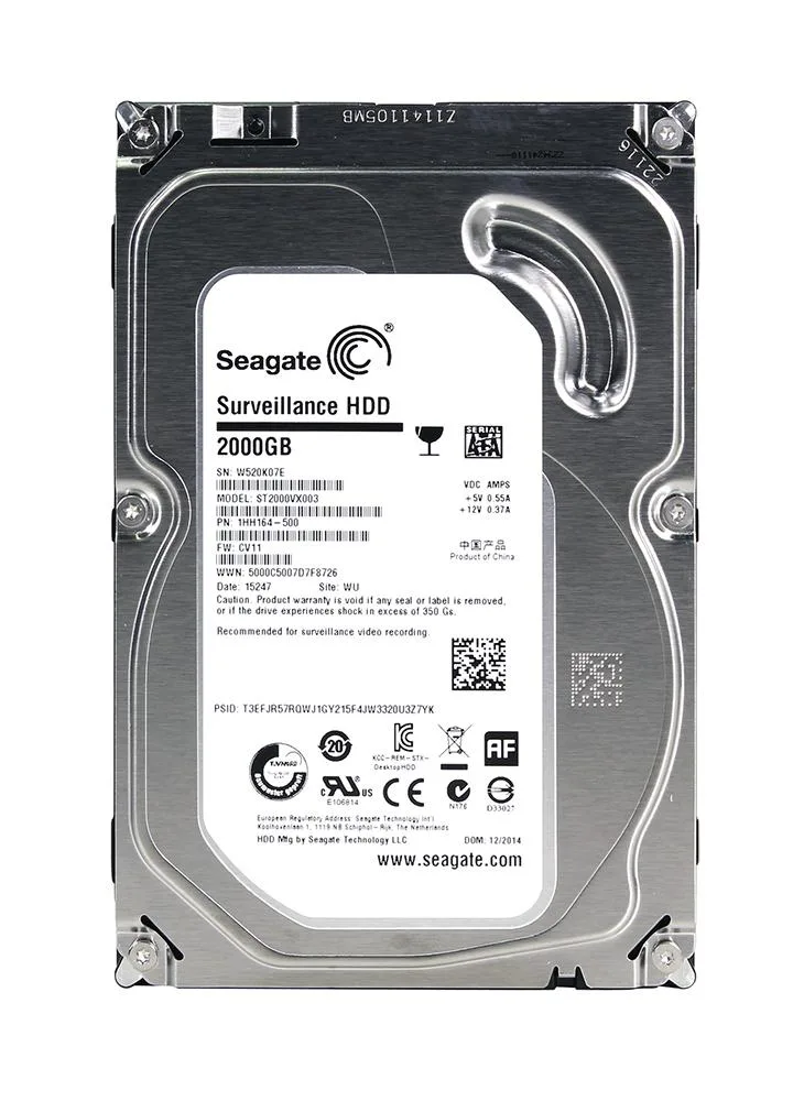 1HH164-500 - Seagate Surveillance 2TB 5900RPM SATA 6Gb/s 64MB Cache (CE) 3.5-inch Hard Drive