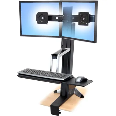 33-341-200 - Ergotron WorkFit-S, Dual Monitor Standing Desk Workstation Sit-Stand Desk Attachment - Front Clamp - Black
