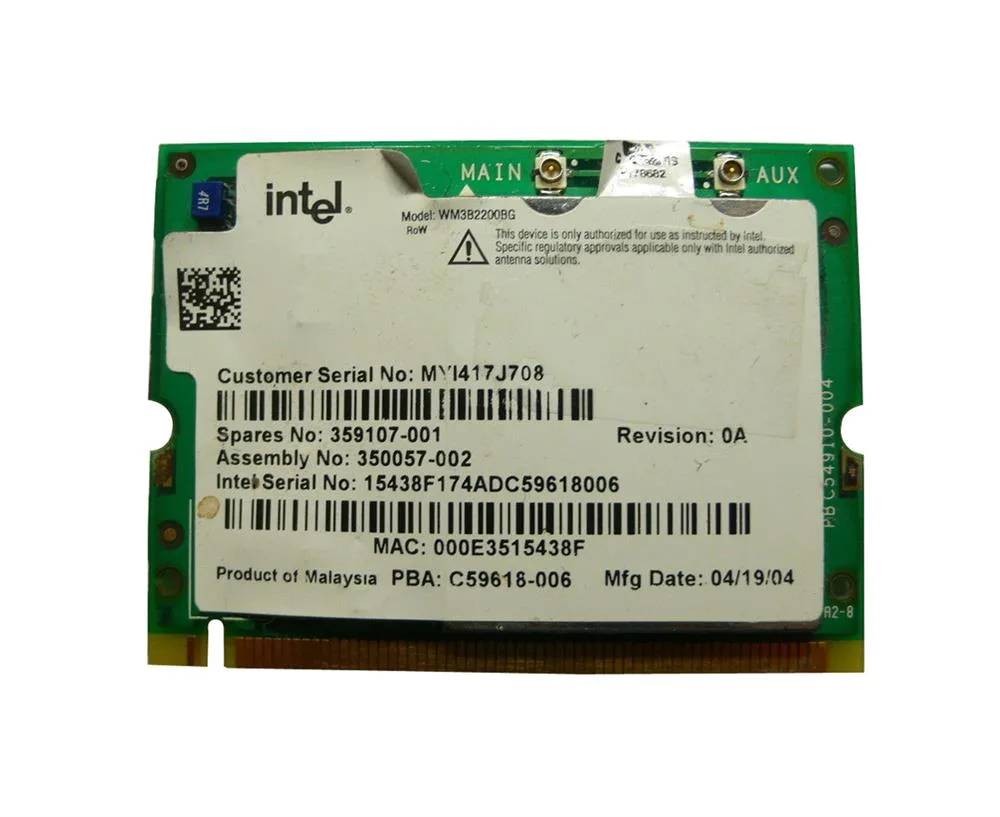 350057-002 - HP Mini PCI IEEE 11MBps 802.11b/g Wireless LAN (WLAN) Network Interface Card