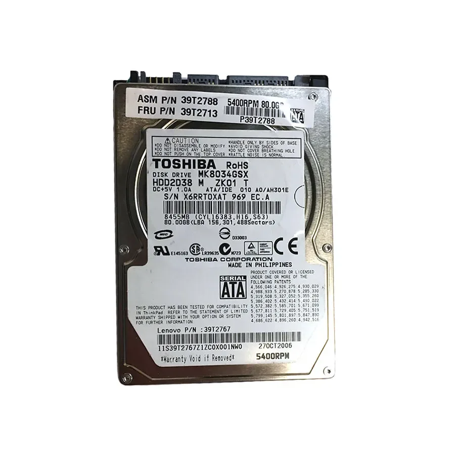39T2767 - Lenovo 80GB 5400RPM SATA 1.5Gb/s 8MB Cache 2.5-inch Hard Drive