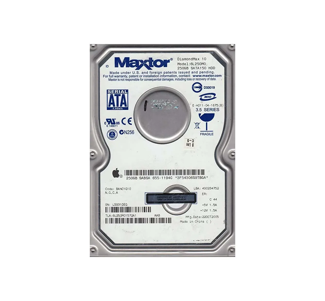 6L250M0-1572A1 - Maxtor 250GB 7200RPM SATA 1.5Gb/s 3.5-inch Hard Drive