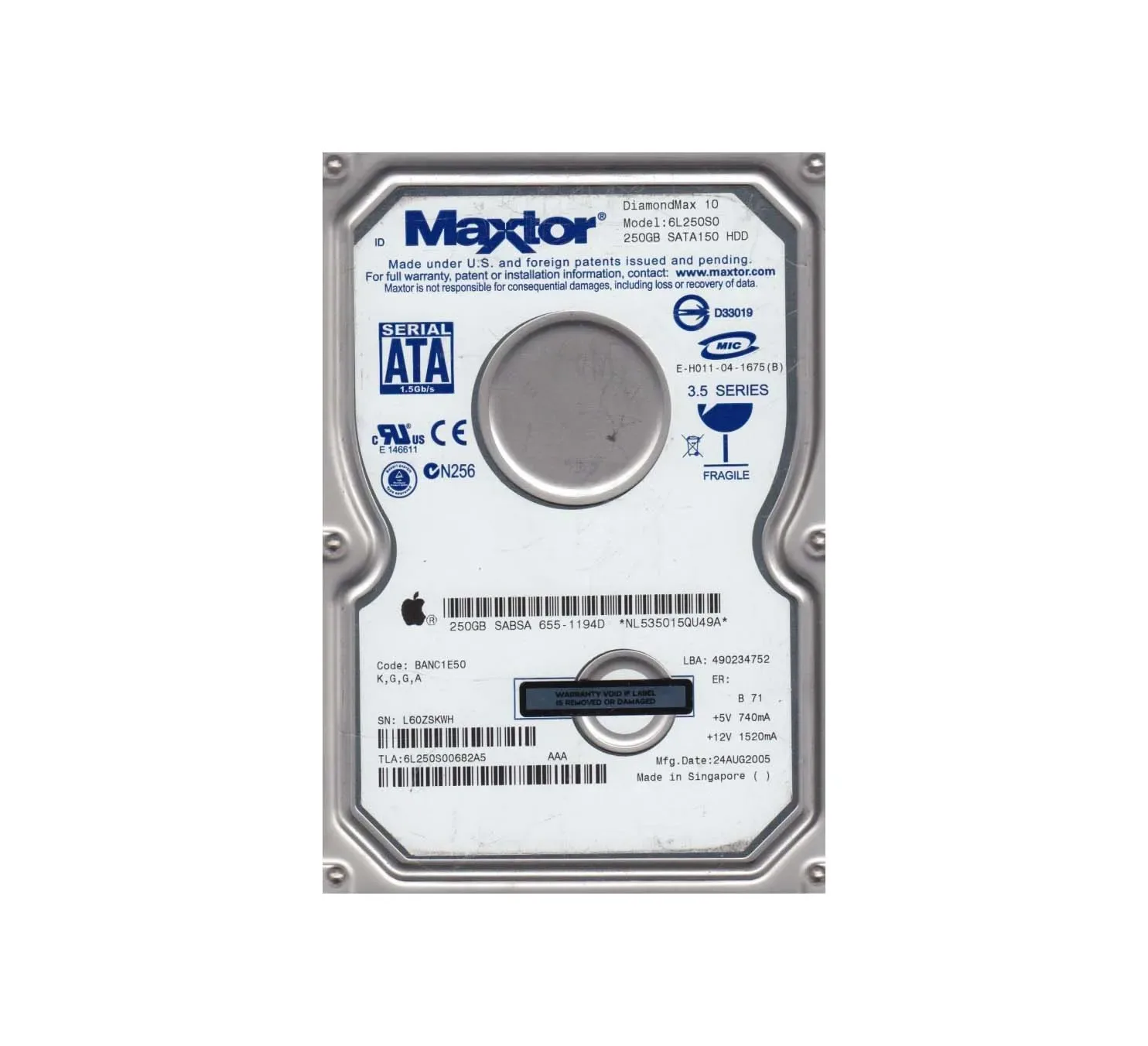 6L250S0-0682A5 - Maxtor 250GB 7200RPM SATA 1.5Gb/s 3.5-inch Hard Drive
