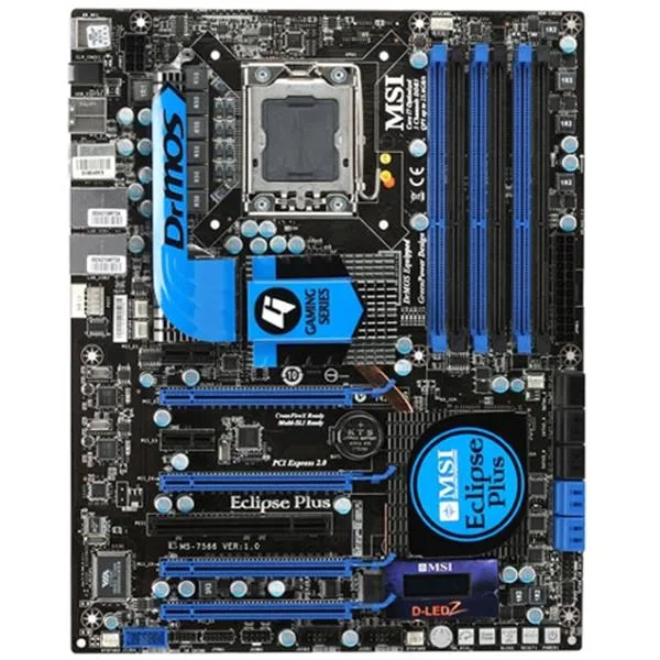 7566-010 - MSI Eclipse Plus Desktop Board Intel X58 Express Enhanced SpeedStep Technology Socket B 4.8GT/s 24GB DDR3 SDRAM DDR3-1333/PC3-10600, DDR3-1066/PC3-8500, DDR3-800/PC3-6400 CrossFire, SLI ATX