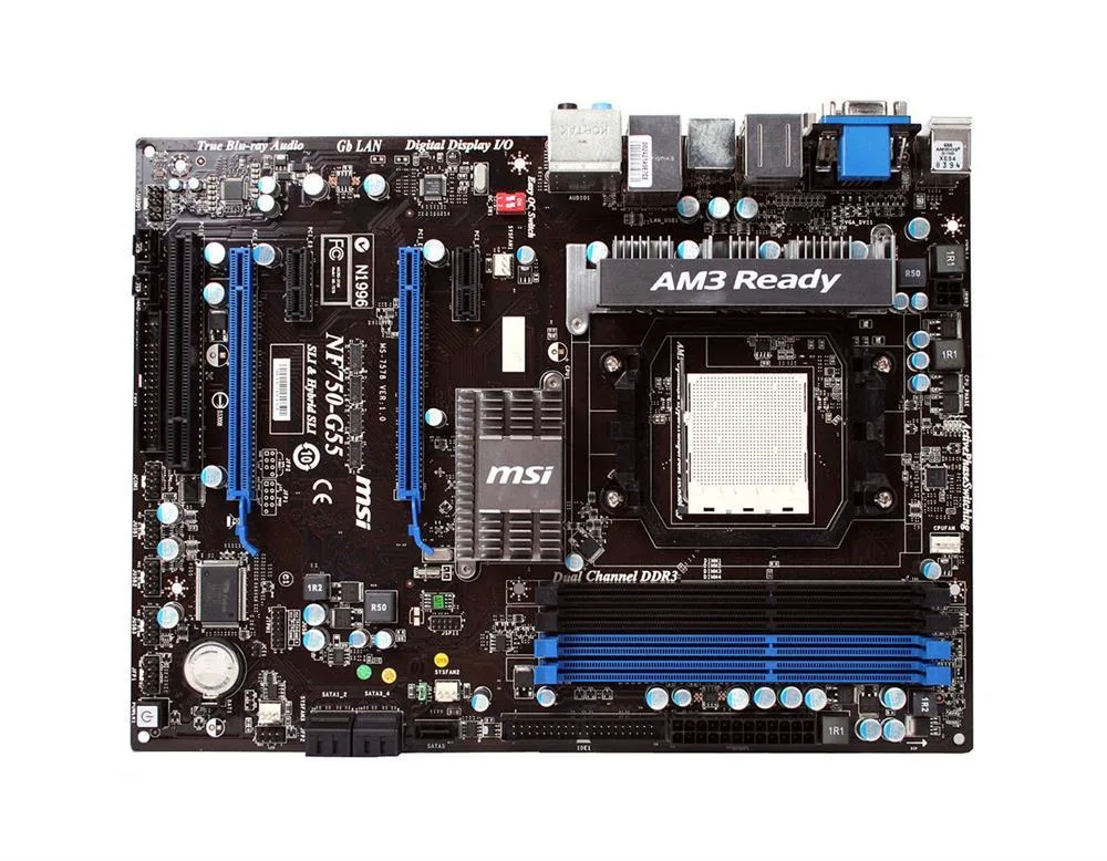 7578-001 - MSI NF750-G55 Desktop Board nVIDIA nForce 750a SLI HyperTransport Technology AM3 2600MHz HT 16GB DDR3 SDRAM DDR3-1333/PC3-10600, DDR3-1066/PC3-8500, DDR3-800/PC3-6400 SLI ATX