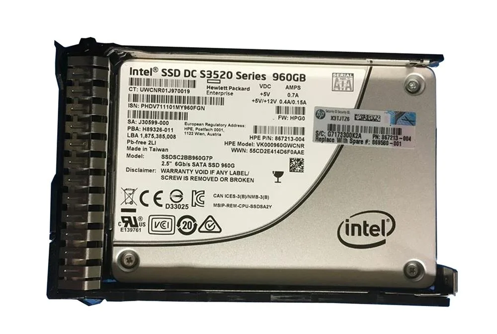 867213-004 - HP 960GB SATA 6Gb/s Hot-Pluggable 2.5-inch Read Intensive Solid State Drive