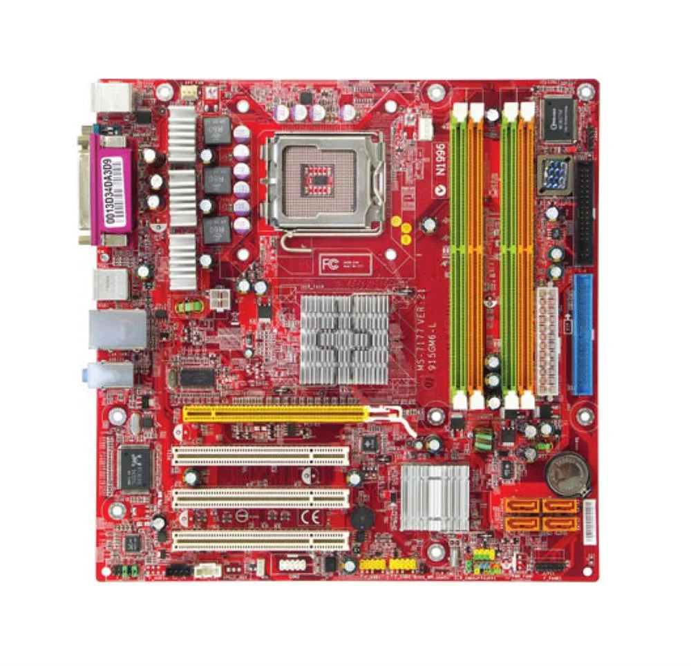 915GVM6-L - MSI Ms-7177 Socket LGA 775 Intel 915GV Express + ICH6 Chipset Intel Pentium 4/ Pentium 4 Extreme Edition/ Celeron D Processors Support DDR2 4x DIMM 2x SATA 1.50Gb/s Micro-ATX Motherboard