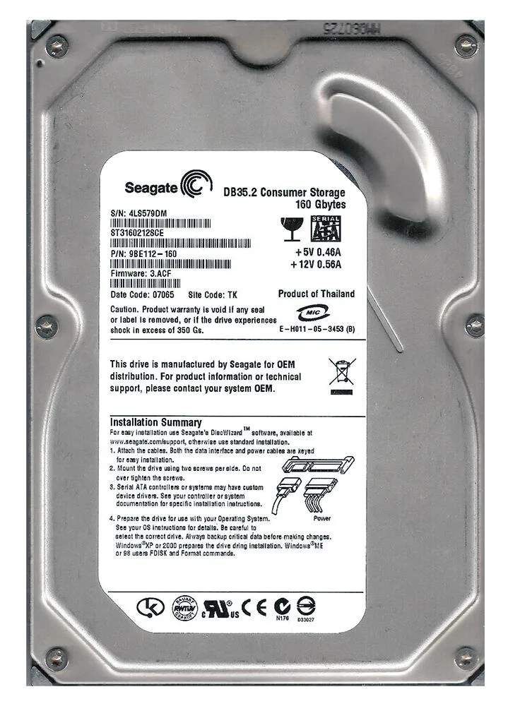 9BE112-160 - Seagate DB35 Series 160GB 7200RPM SATA 3Gb/s 2MB Cache 3.5-inch Hard Drive