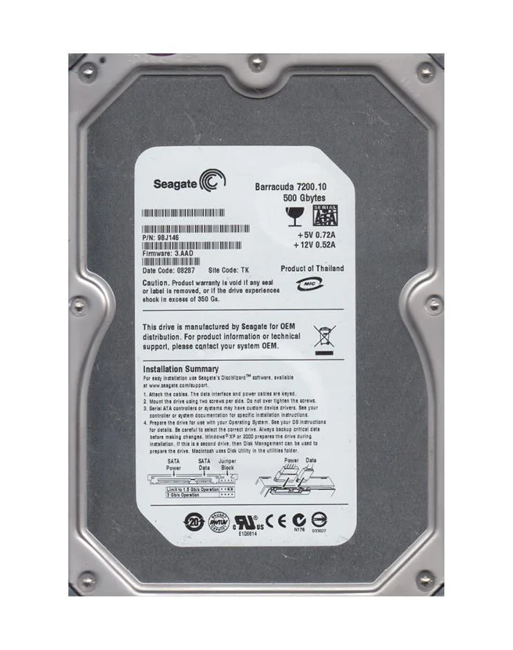 9BJ146-713 - Seagate BarraCuda 7200.1 500GB 7200RPM SATA 3Gb/s 16MB Cache 3.5-inch Hard Drive