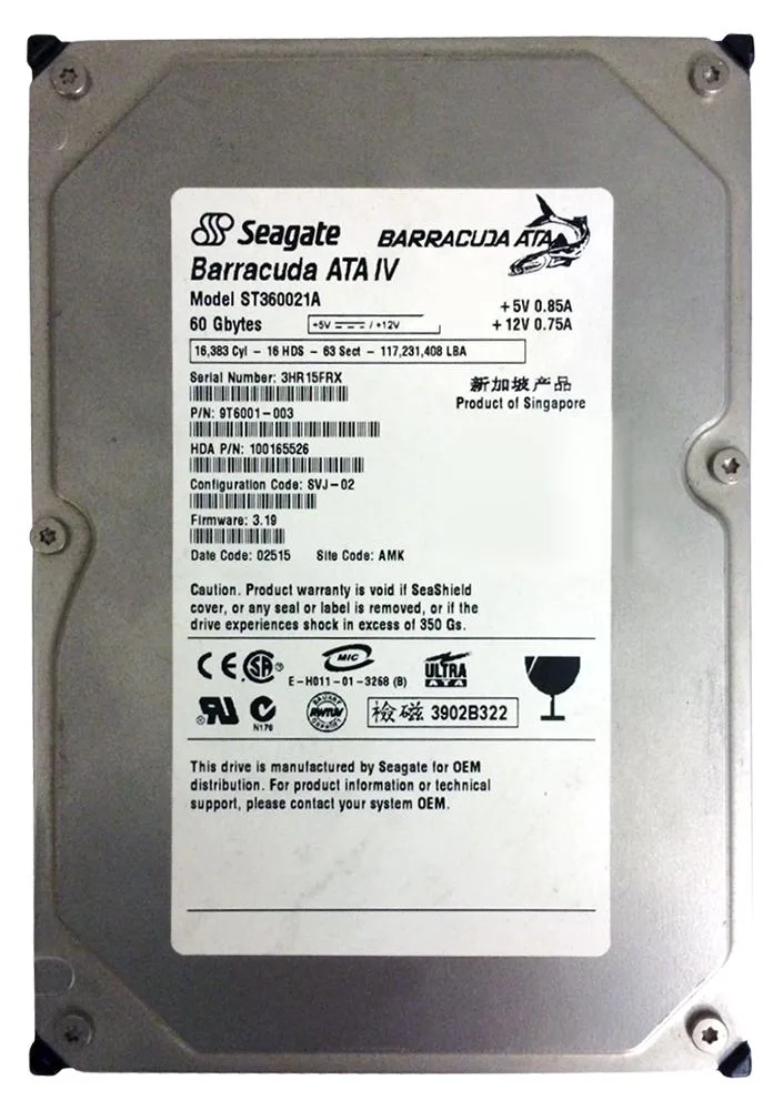 9T6001-003 - Seagate BarraCuda 60GB 7200RPM IDE Ultra ATA/100 (ATA-6) 2MB Cache 3.5-inch Hard Drive