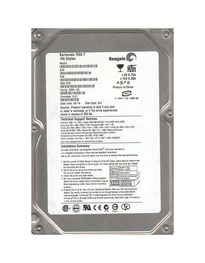 9W2011-001 - Seagate 160GB 7200RPM SATA 1.5Gb/s 2MB Cache 3.5-inch Hard Drive