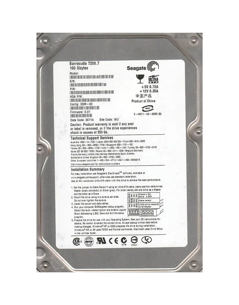 9W2011-012 - Seagate 160GB 7200RPM SATA 1.5Gb/s 2MB Cache 3.5-inch Hard Drive