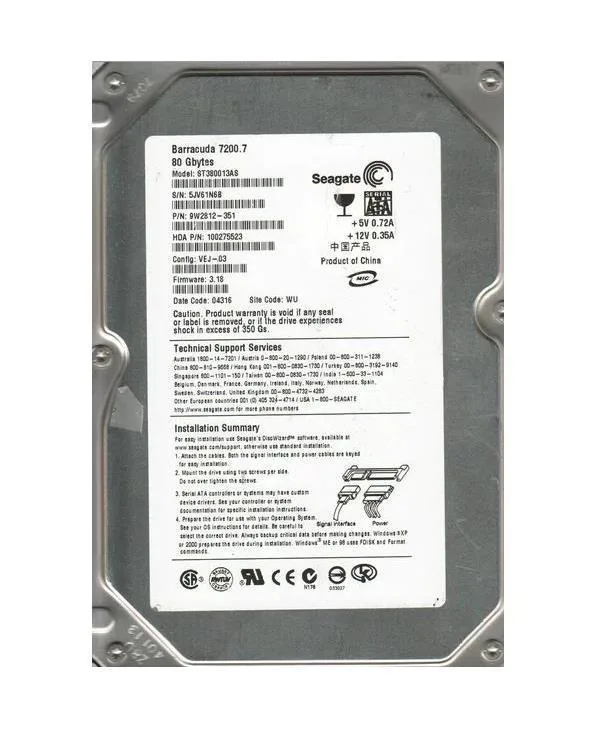 9W28123513 - Seagate BarraCuda 7200.7 80GB 7200RPM SATA 1.5Gb/s 8MB Cache (CE) 3.5-inch Hard Drive