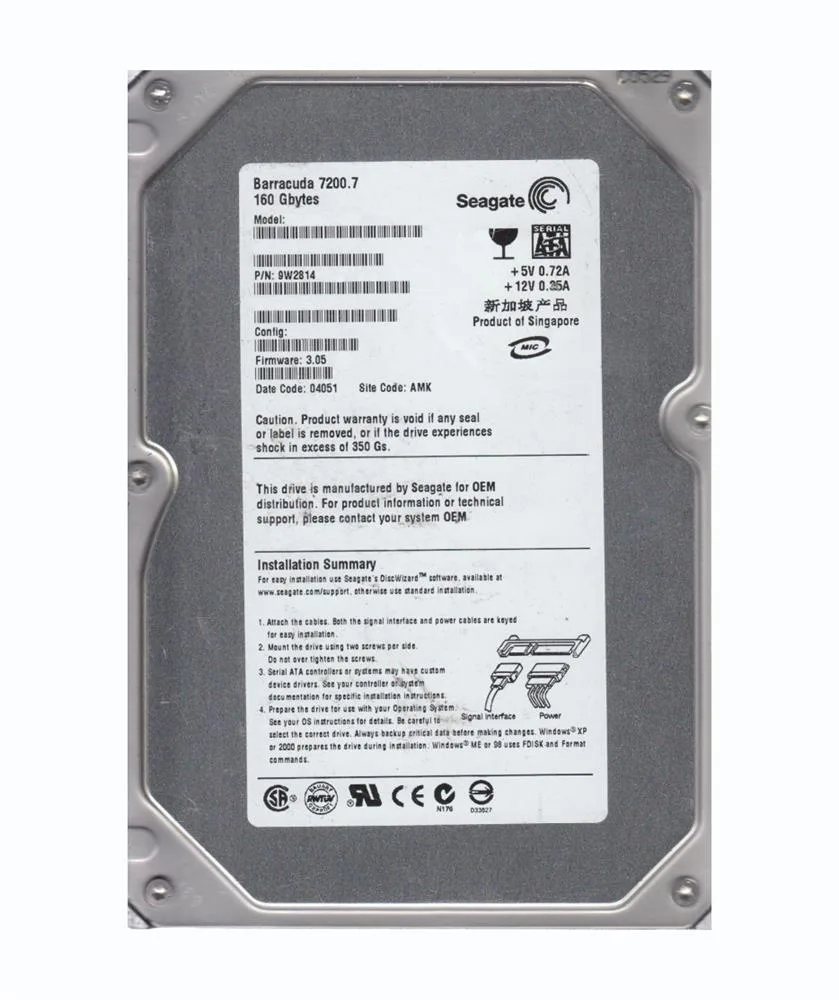 9W2814-009 - Seagate BarraCuda 7200.7 160GB 7200RPM SATA 1.5Gb/s 8MB Cache (CE) 3.5-inch Hard Drive