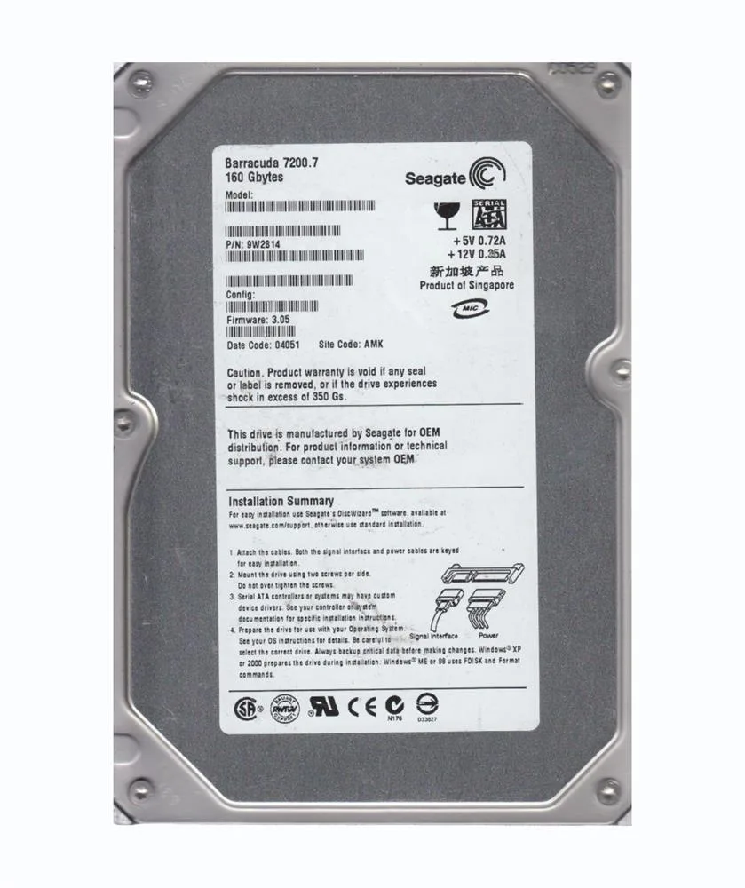 9W2814-034 - Seagate BarraCuda 7200.7 160GB 7200RPM SATA 1.5Gb/s 8MB Cache (CE) 3.5-inch Hard Drive