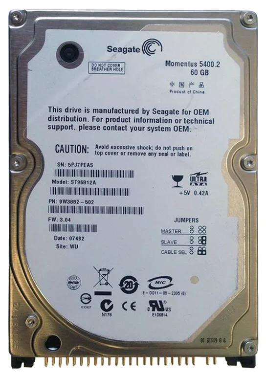 9W3882-502 - Seagate Momentus 5400.2 60GB 5400RPM IDE Ultra ATA/100 (ATA-6) 8MB Cache (CE) 2.5-inch Hard Drive