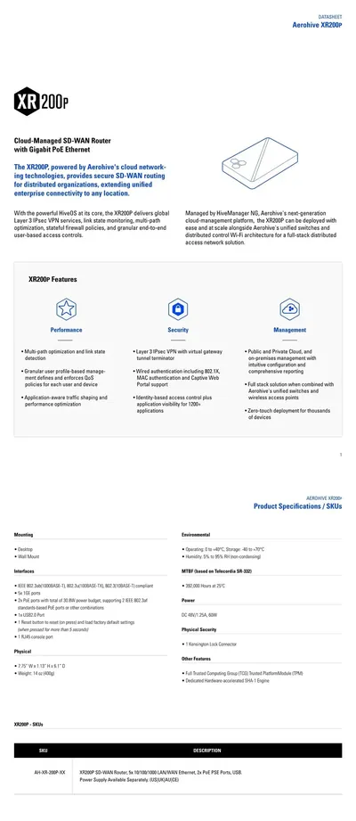 AH-XR200P-US - Extreme Networks SD-WAN XR200P Cloud-Managed Small-to-Mid-Enterprise SD-WAN Router with Gigabit PoE+ Ethernet Branch Router