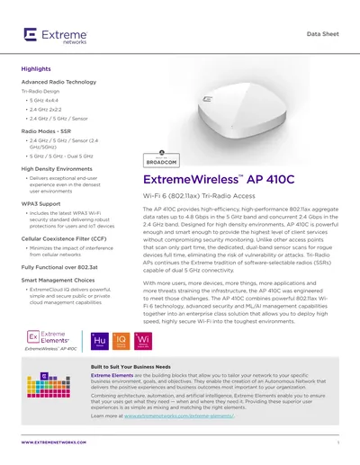 AP410C-FCC-XIQTAC1YR - Extreme Networks AP410C Wi-Fi 6 Access Point with 1 year ExtremeCloud IQ License