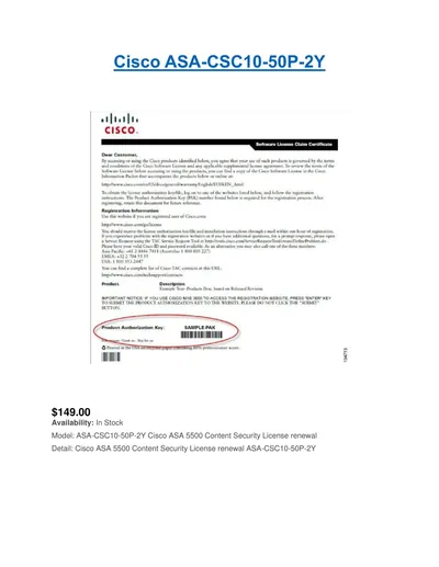 ASA-CSC10-500U-2Y - Cisco ASA 5500 Content Security License Subscription License (Renewal) 500 User 2Year