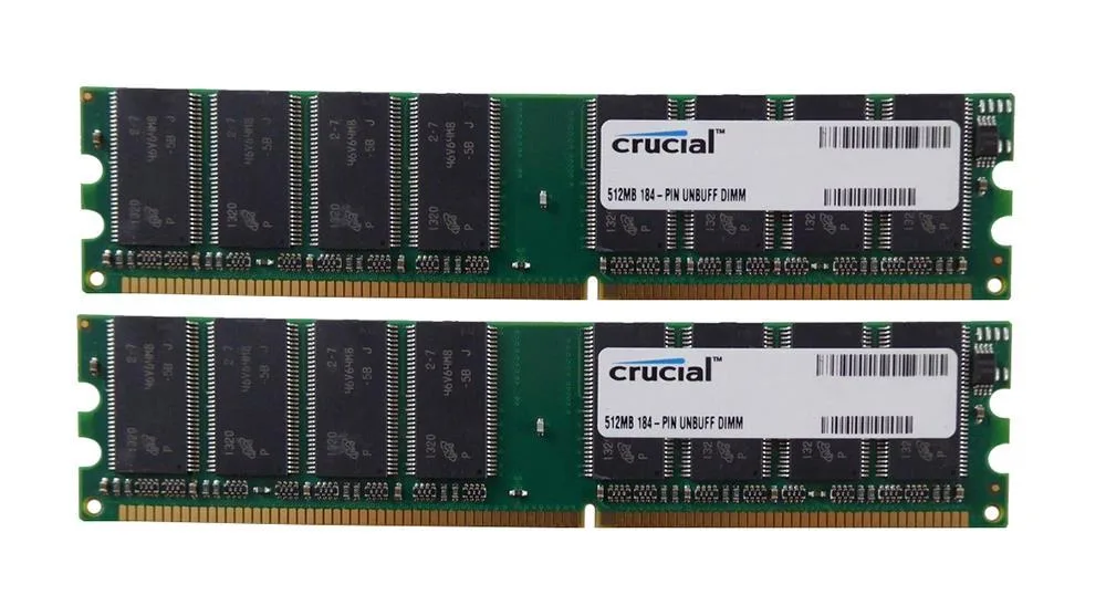 CT464613 - Crucial 1GB Kit (2 x 512MB) DDR-400 MHz PC3200 non-ECC Unbuffered CL3 184-Pin DIMM Memory upgrade for ASUS A8V