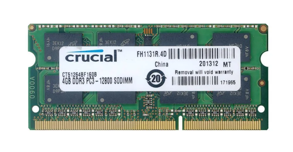 CT51264BF160B-1333 - Crucial 4GB DDR3-1600MHz PC3-12800 non-ECC Unbuffered CL11 204-Pin SoDimm Dual Rank Memory Module
