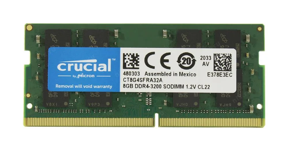 CT8G4SFRA32A - Crucial 8GB DDR4-3200MHz PC4-25600non-ECC Unbuffered CL22 260-Pin SoDimm 1.2V Single Rank Memory Module