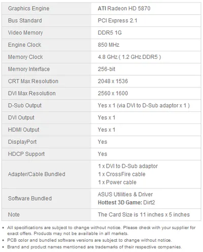 ASUS EAH5870/2DIS/1GD5V2 Radeon HD5870 1GB DDR5 Ctlr DVI Native HDMI DisplayPort Video Graphics Card