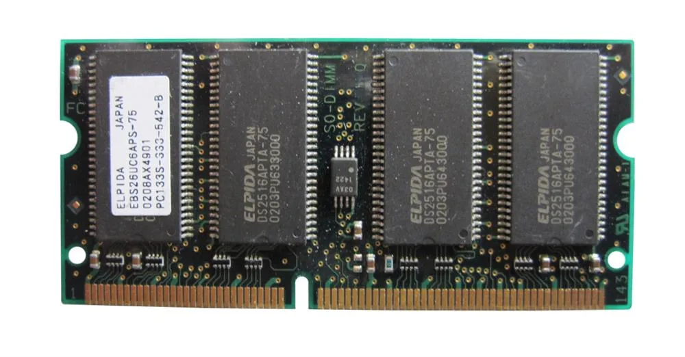 EBS26UC6APS-75 - Elpida 256MB 133MHz PC133 non-ECC Unbuffered CL3 144-Pin SoDimm Memory Module