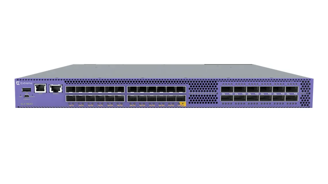 EN-SLX-9640-24S-AC-F - Extreme Networks ExtremeRouting SLX 9640-24S 24 x 1G/10G SFP+ ports, 4 x 10Gb/25Gb/40Gb/50Gb/100Gb capable QSFP28 ports Router with AC Power Supply (Front-to-Back Airflow)
