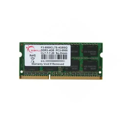 F3-8500CL7S-4GBSQ - G.Skill 4GB DDR3-1066MHz PC3-8500 non-ECC Unbuffered CL7 204-Pin SoDimm Memory Module