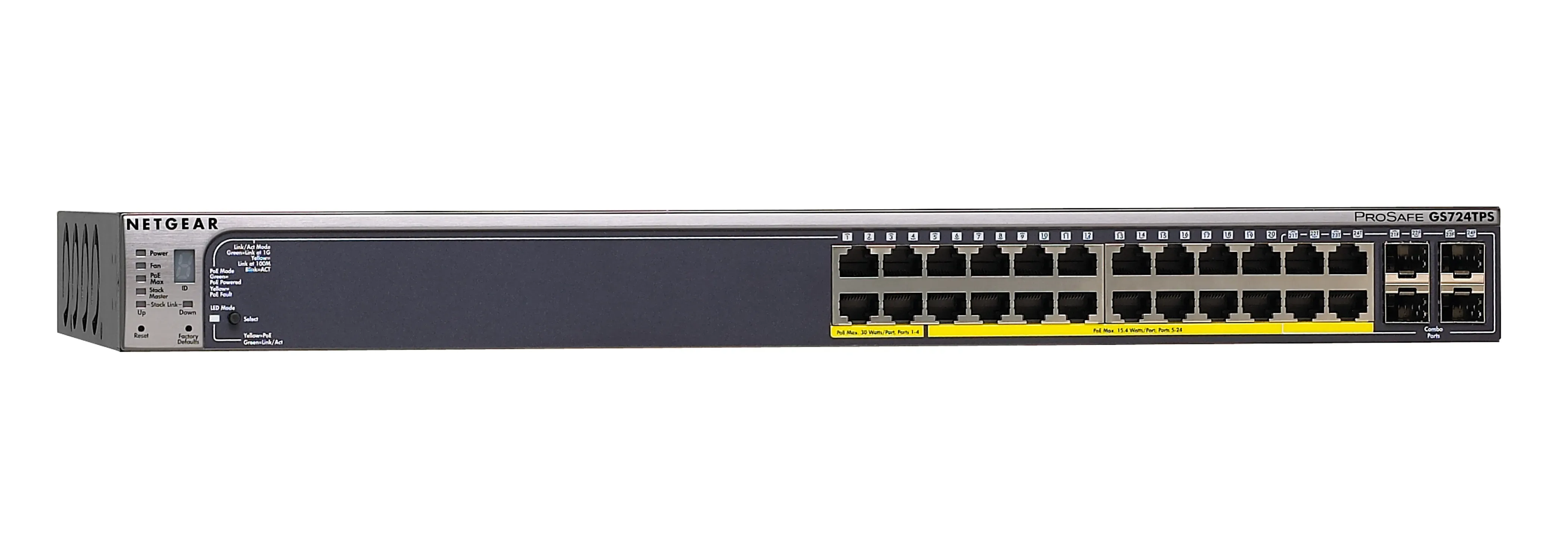 GS724TPS-100EUS - Netgear ProSafe GS724TP 24-Port Ethernet Switch with PoE 4 x SFP (mini-GBIC) Shared 24 x 10/100/1000Base-T LAN