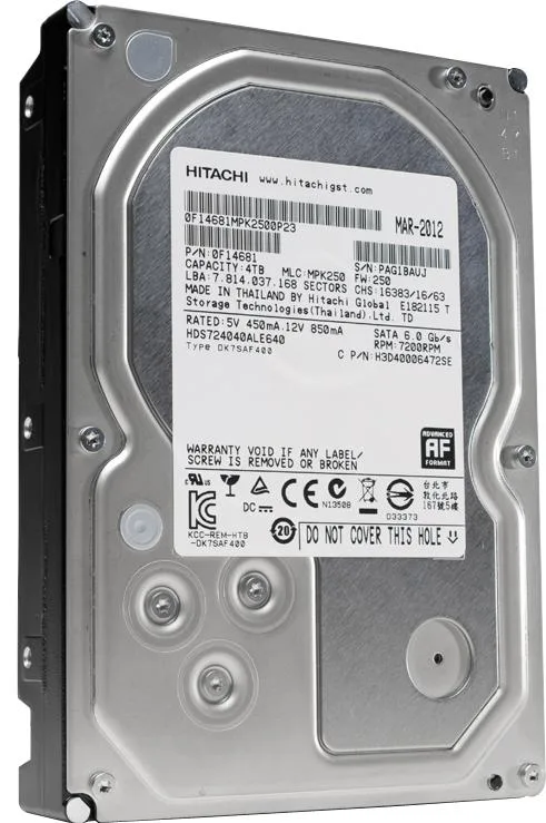 HDS724040ALE640 - Hitachi Deskstar 7K4000 4TB 7200RPM SATA 6Gb/s 64MB Cache 3.5-inch Hard Drive