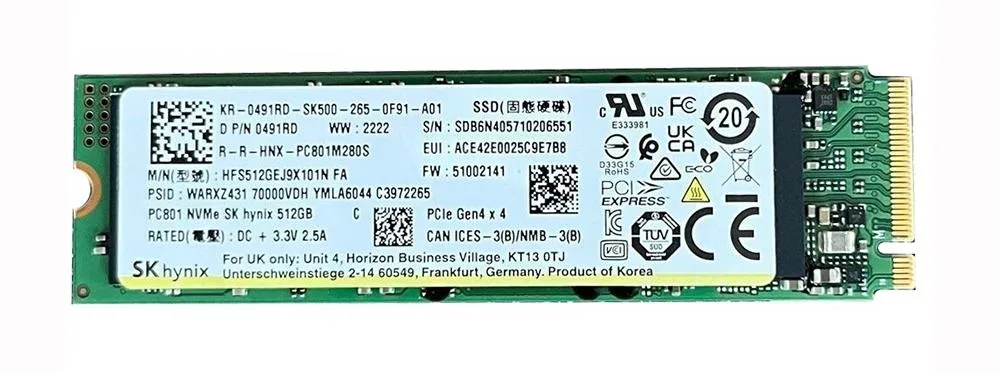 Hynix HFS512GEJ9X101N PC801 512GB PCI Express 4.0 x4 NVMe M.2 2280 Client Solid State Drive