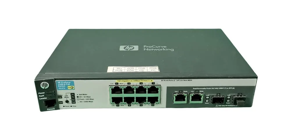 HP J9137A#ABA ProCurve 2520-8-PoE 8-Ports 10/100Base-TX LAN, 2 x 10/100/1000Base-T, 2 x SFP (mini-GBIC) Shared Managed Ethernet Switch
