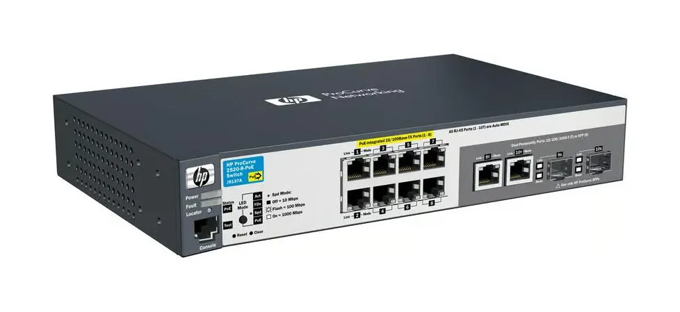 HP J9137A#ABB ProCurve 2520-8-PoE 8-Ports 10/100Base-TX LAN, 2 x 10/100/1000Base-T, 2 x SFP (mini-GBIC) Shared Managed Ethernet Switch