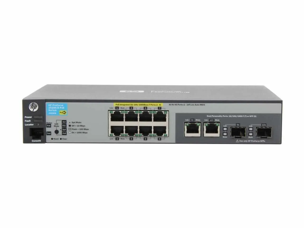 HP J9298A#ABA ProCurve 2520-8G-PoE 8-Ports 10/100/1000Base-TX LAN, 2 x 10/100/1000Base-T, 2 x SFP (mini-GBIC) Shared Managed Ethernet Switch