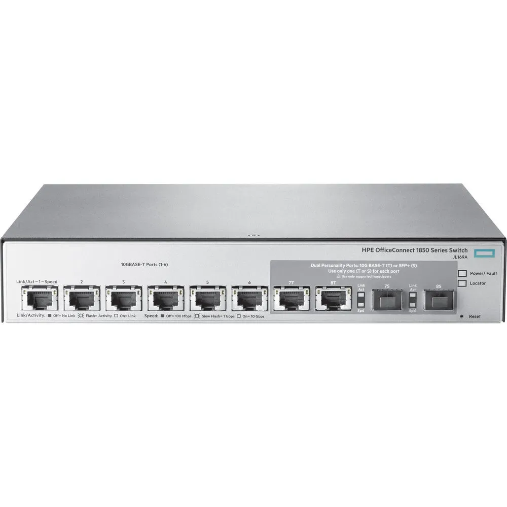 HPE JL169AR HP JL169AR OfficeConnect 1850 Series 1850 6XGT and 2XGT/SPF+ 6 x RJ-45 1/10GBASE-T Ports + 2 x Dual-Personality SFP+ 1/10GBase-T Ports Layer 2 Managed 1U Rack-mountable Gigabit Ethernet Ne