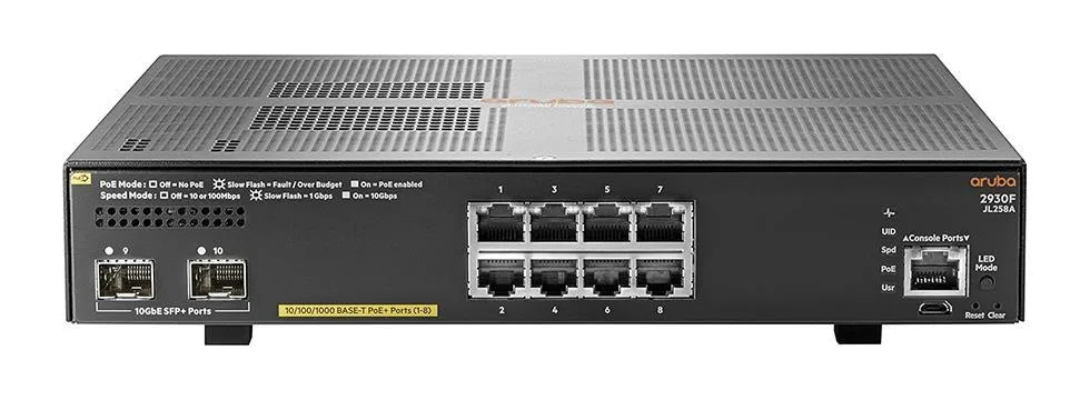 HPE JL258AC1 Aruba 2930F Series 2930F-8G-PoE+-2SFP+ 8 x Ports PoE+ 10/100/1000Base-T + 2 x SFP+ Ports Layer 3 Managed 1U Rack-Mountable Gigabit Ethernet Network Switch