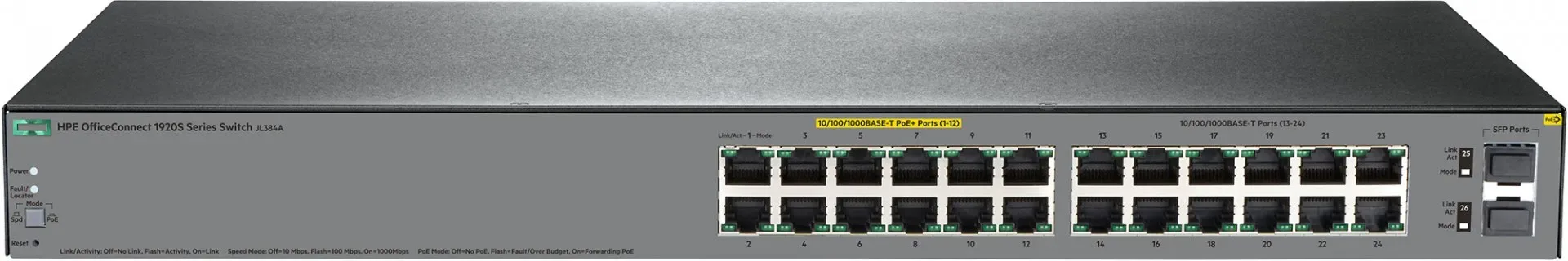HPE JL384AR HP JL384AR Office Connect 1920S 24G 2SFP Poe+ 12 x RJ-45 Ports PoE+ 10/100/1000Base-T + 12 x RJ-45 Ports + 2 x SFP Ports Layer 2 Managed Rack-mountable Gigabit Ethernet Network Switch. In