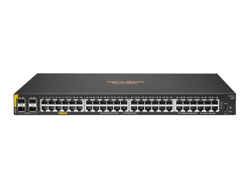 HPE JL675-61101 Aruba 6100-48G-Class4 48-Ports PoE+ 1GBase-T 4-Ports SFP+ 10GbE 1-Port USB Type-A 1-Port USB-C Console Layer 3 Managed 1U Rack-Mountable Gigabit Ethernet Network Switch