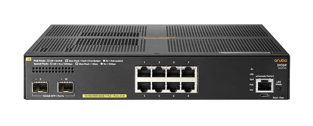 HP JL692A#ABA Aruba 2930F 8G PoE+ 8-Port 8 x 10/100/1000 (PoE+) + 2 x 1 Gigabit / 10 Gigabit SFP+ (uplink) Switch