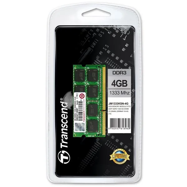 JM1333KSN-4G - Transcend JetRam 4GB DDR3-1333MHz PC3-10600 non-ECC Unbuffered CL9 204-Pin SoDimm Dual Rank Memory Module