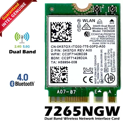 K57GX - Dell Intel Wireless-N 7265 AN NGFF 300M Wi-Fi+ Bluetooth 4.0 Dual Band Card