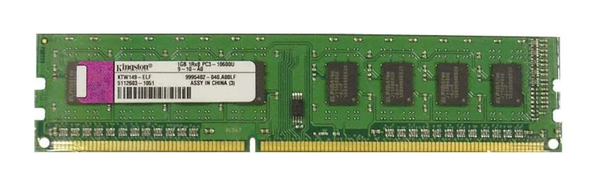 KTW149-ELF - Kingston Technology 1GB DDR3-1333MHz PC3-10600 non-ECC Unbuffered CL9 240-Pin DIMM 1.5V Single Rank Memory 