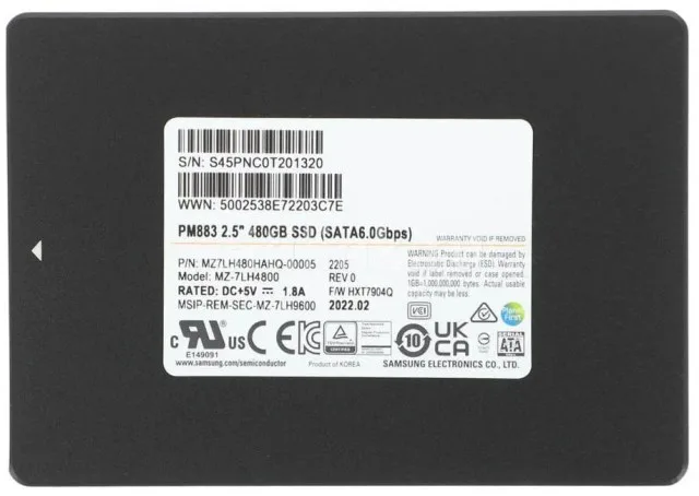 MZ7LH480HAHQ-00005 - Samsung PM883 Series 480GB Triple-Level Cell SATA 6Gb/s (SED) 2.5-inch Enterprise Solid State Drive