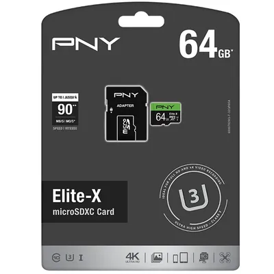P-SDU64U390EX-GE - PNY Elite-X 64GB Class 10 microSDXC Flash Memory Card