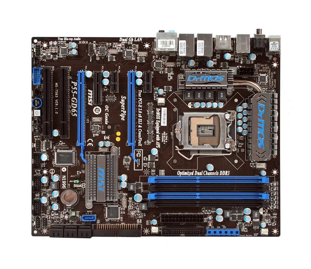 P55-GD65 - MSI Desktop Board Intel P55 Express Enhanced SpeedStep Technology Socket 1156 6.4GT/s 16GB DDR3 SDRAM DDR3-2000/PC3-16000, DDR3-1600/PC3-12800, DDR3-1333/PC3-10600, DDR3-1066/PC3-8500 CrossFire, SLI ATX
