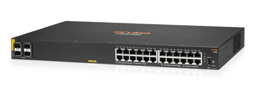 HPE R8N87-61001 Aruba 6000 24G-Class4-PoE-4SFP 24-Ports 10/100/1000Base-T PoE 4-Ports SFP 1-Ports USB-C Console 1-Ports USB Type-A Host Layer 2 Managed 1U Rack-mountable Gigabit Ethernet Network Switc