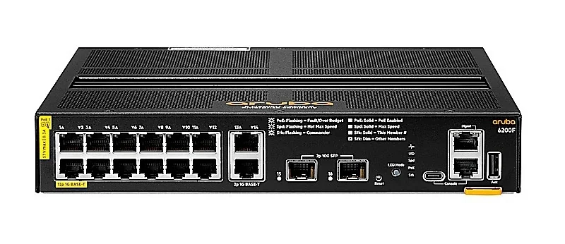 HPE R8V13-61001 Aruba 6200f 12-Ports 10/100/1000Base-TX RJ-45 PoE+ + 2-Ports 10GBase-X 10 Gigabit Ethernet SFP+ 1U Rack-mountable Layer 3 Managed Stackable Switch